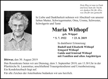 Traueranzeige von Maria Withopf von Fränkische Nachrichten