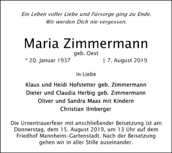 Traueranzeige von Maria Zimmermann von Mannheimer Morgen