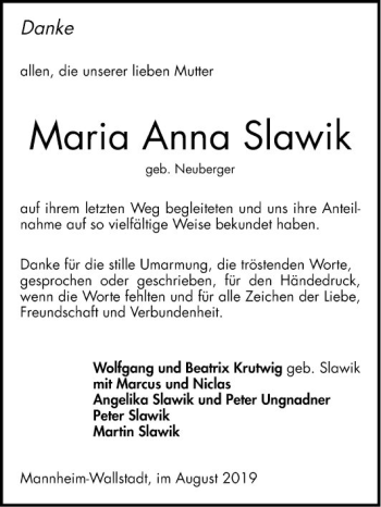 Traueranzeige von Maria Anna Slawik von Mannheimer Morgen