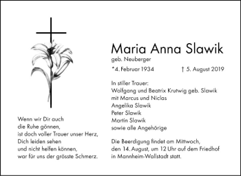 Traueranzeige von Maria Anna Slawik von Mannheimer Morgen