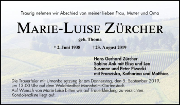 Traueranzeige von Marie-Luise Zürcher von Mannheimer Morgen