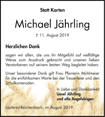 Traueranzeige von Michael Jährling von Bergsträßer Anzeiger