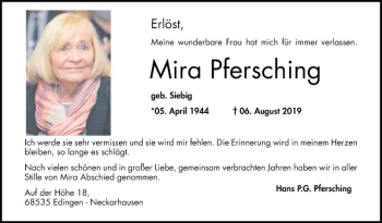 Traueranzeige von Mira Pfersching von Mannheimer Morgen