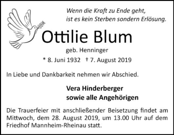 Traueranzeige von Ottilie Blum von Mannheimer Morgen