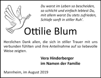 Traueranzeige von Ottilie Blum von Mannheimer Morgen