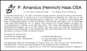 Traueranzeige von P. Amandus Heinrich Haas von Fränkische Nachrichten