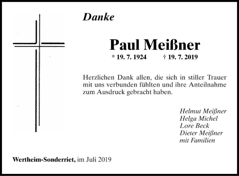  Traueranzeige für Paul Meißner vom 09.08.2019 aus Fränkische Nachrichten