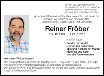 Traueranzeige von Reiner Fröber von Fränkische Nachrichten