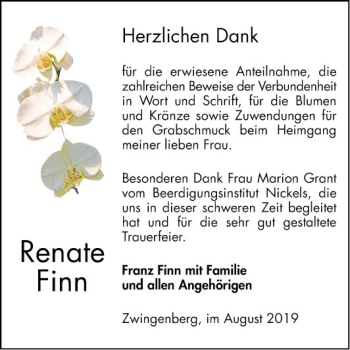 Traueranzeige von Renate Finn von Bergsträßer Anzeiger