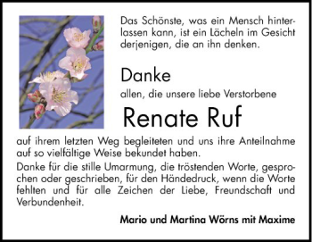 Traueranzeige von Renate Ruf von Mannheimer Morgen