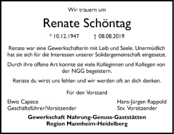 Traueranzeige von Renate Schöntag von Mannheimer Morgen