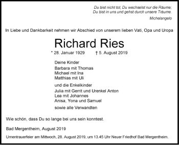 Traueranzeigen von Richard Ries | Trauerportal Ihrer Tageszeitung