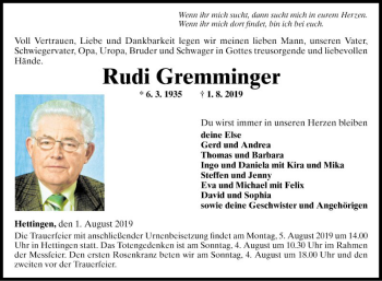 Traueranzeige von Rudi Gremminger von Fränkische Nachrichten