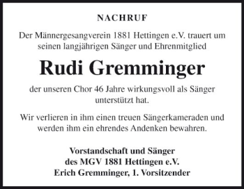 Traueranzeige von Rudi Gremminger von Fränkische Nachrichten