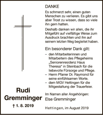 Traueranzeige von Rudi Gremminger von Fränkische Nachrichten