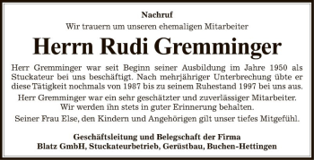 Traueranzeige von Rudi Gremminger von Fränkische Nachrichten