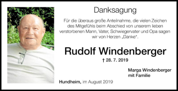 Traueranzeige von Rudolf Windenberger von Fränkische Nachrichten