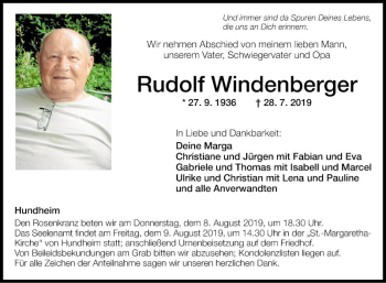 Traueranzeige von Rudolf Windenberger von Fränkische Nachrichten