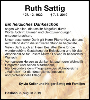 Traueranzeige von Ruth Saftig von Fränkische Nachrichten