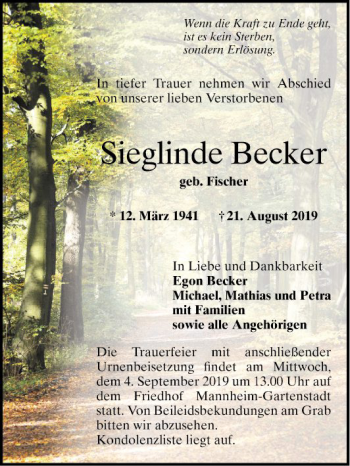 Traueranzeige von Sieglinde Becker von Mannheimer Morgen