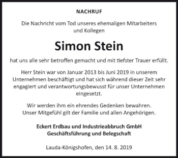 Traueranzeige von Simon Stein von Fränkische Nachrichten