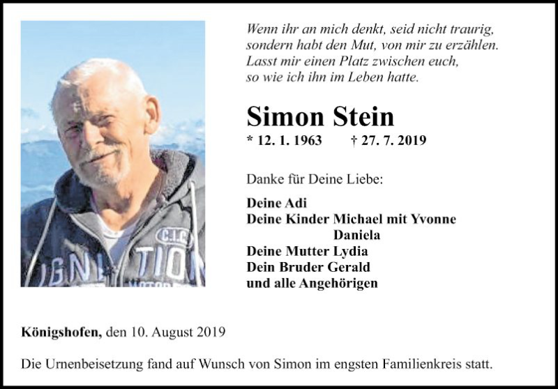  Traueranzeige für Simon Stein vom 10.08.2019 aus Fränkische Nachrichten