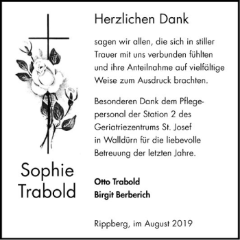 Traueranzeige von Sophie  Trabold von Fränkische Nachrichten