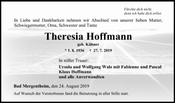 Traueranzeige von Theresia Hoffmann von Fränkische Nachrichten