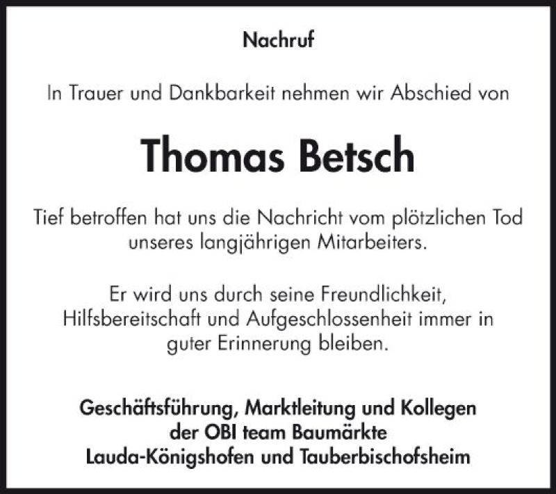  Traueranzeige für Thomas Betsch vom 10.08.2019 aus Fränkische Nachrichten