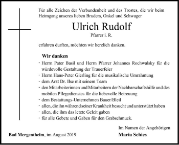 Traueranzeige von Ulrich Rudolf von Fränkische Nachrichten