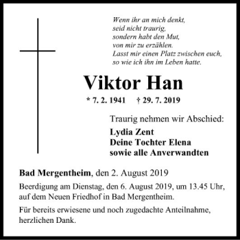 Traueranzeige von Viktor Han von Fränkische Nachrichten