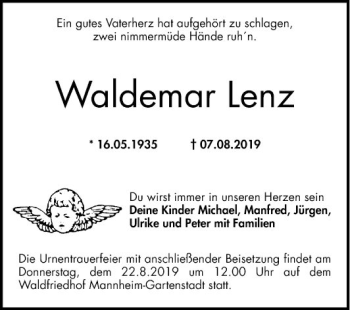 Traueranzeige von Waldemar Lenz von Mannheimer Morgen