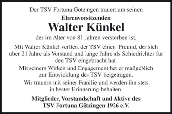 Traueranzeige von Walter Künkel von Fränkische Nachrichten