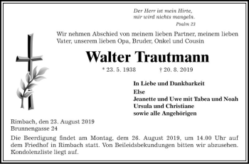 Traueranzeige von Walter Trautmann von Bergsträßer Anzeiger