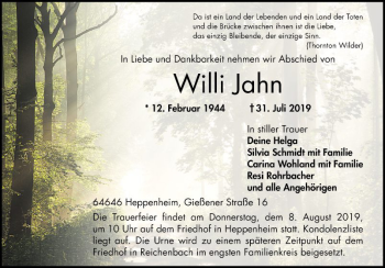 Traueranzeige von Willi Jahn von Bergsträßer Anzeiger