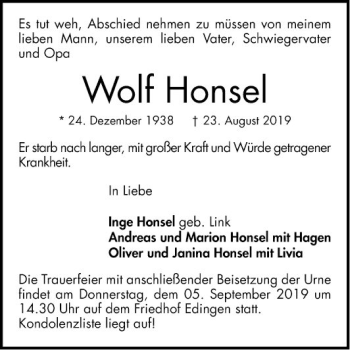 Traueranzeige von Wolf Honsel von Mannheimer Morgen