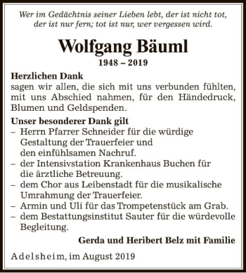 Traueranzeige von Wolfgang Bäuml von Fränkische Nachrichten