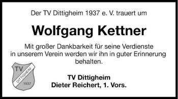 Traueranzeige von Wolfgang Kettner von Fränkische Nachrichten