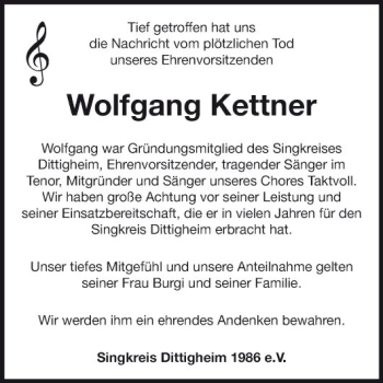 Traueranzeige von Wolfgang Kettner von Fränkische Nachrichten