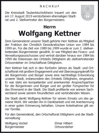 Traueranzeige von Wolfgang Kettner von Fränkische Nachrichten