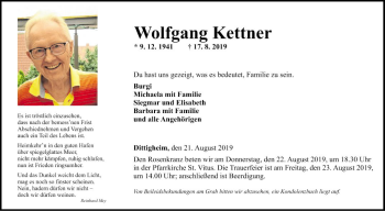 Traueranzeige von Wolfgang Kettner von Fränkische Nachrichten