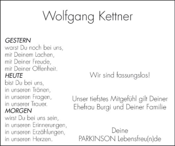 Traueranzeige von Wolfgang Kettner von Fränkische Nachrichten