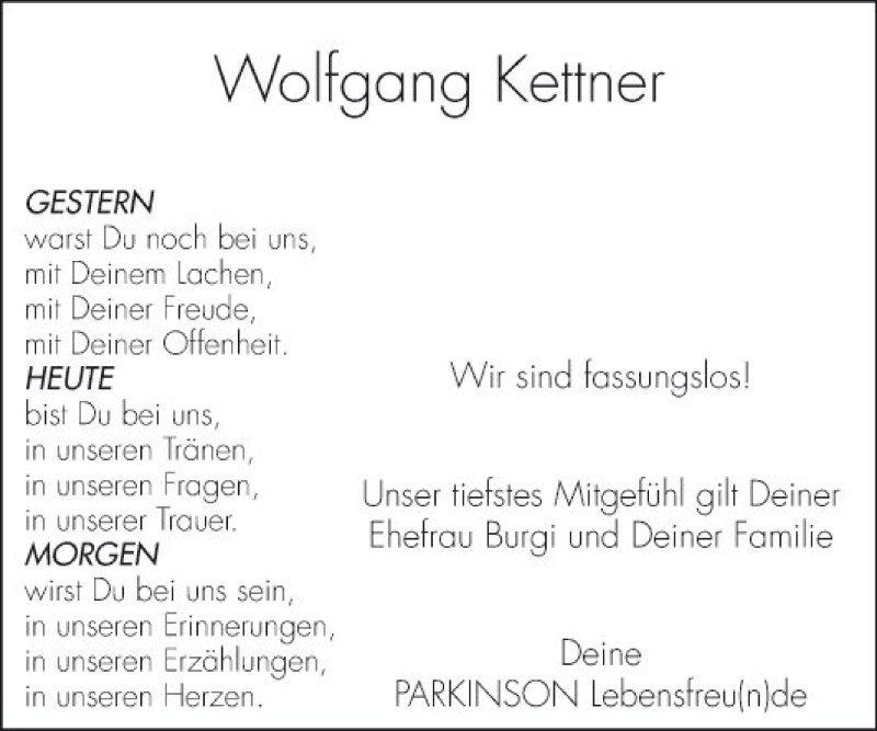  Traueranzeige für Wolfgang Kettner vom 21.08.2019 aus Fränkische Nachrichten