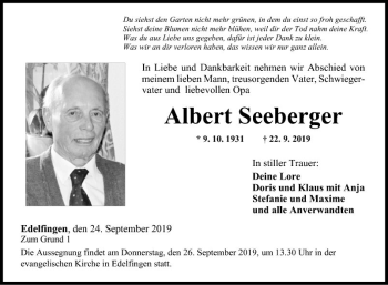 Traueranzeige von Albert Seeberger von Fränkische Nachrichten