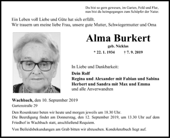 Traueranzeige von Alma Burkert von Fränkische Nachrichten