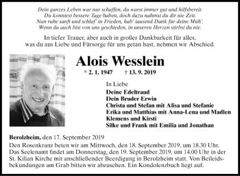 Traueranzeige von Alois Wesslein von Fränkische Nachrichten