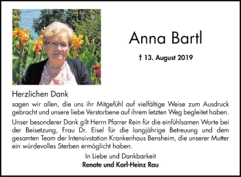 Traueranzeige von Anna Bartl von Bergsträßer Anzeiger