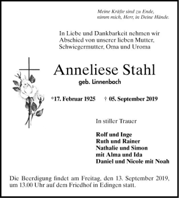 Traueranzeige von Anneliese Stahl von Mannheimer Morgen