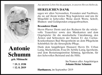 Traueranzeige von Antonie Schumm von Fränkische Nachrichten