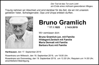 Traueranzeige von Bruno Gramlich von Fränkische Nachrichten